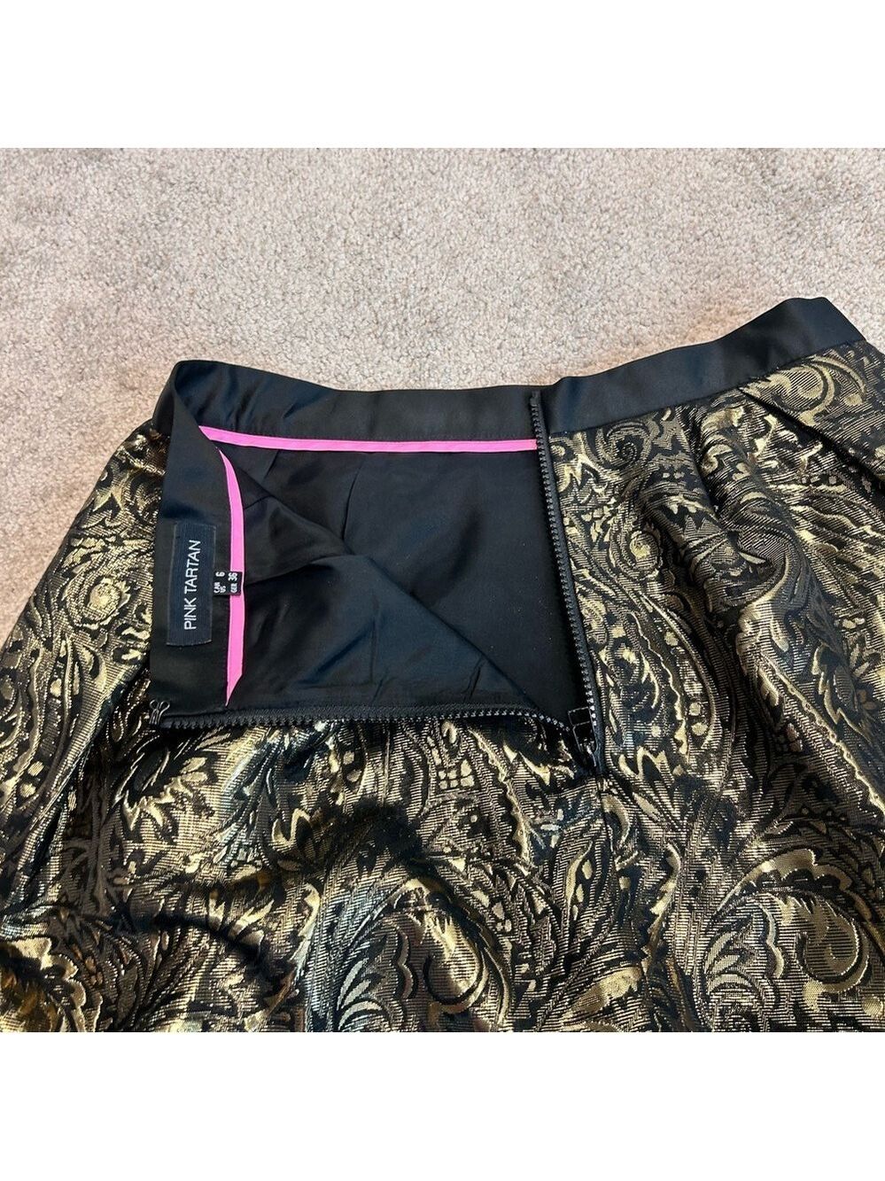 PINK Tartan gold brocade Tiffany mini skirt metallic skater circle Sz 6 NWOT - Picture 6 of 13